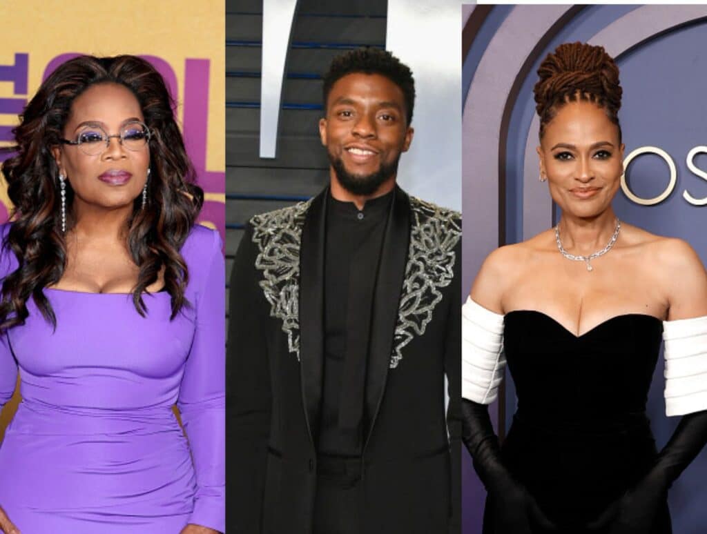 Oprah Winfrey attends the World Premiere of Warner Bros.' "The Color Purple" at Academy Museum of Motion Pictures on December 06, 2023, wearing fitting lavender dress and glasses, Chadwick Boseman attends the 2018 Vanity Fair Oscar Party hosted by Radhika Jones at Wallis Annenberg Center for the Performing Arts on March 4, 2018, red carpet wearing black suit., Ava DuVernay attends the Academy Of Motion Picture Arts & Sciences' 14th Annual Governors Awards at The Ray Dolby Ballroom on January 09, 2024 at red carpet wearing shoulder less dress.