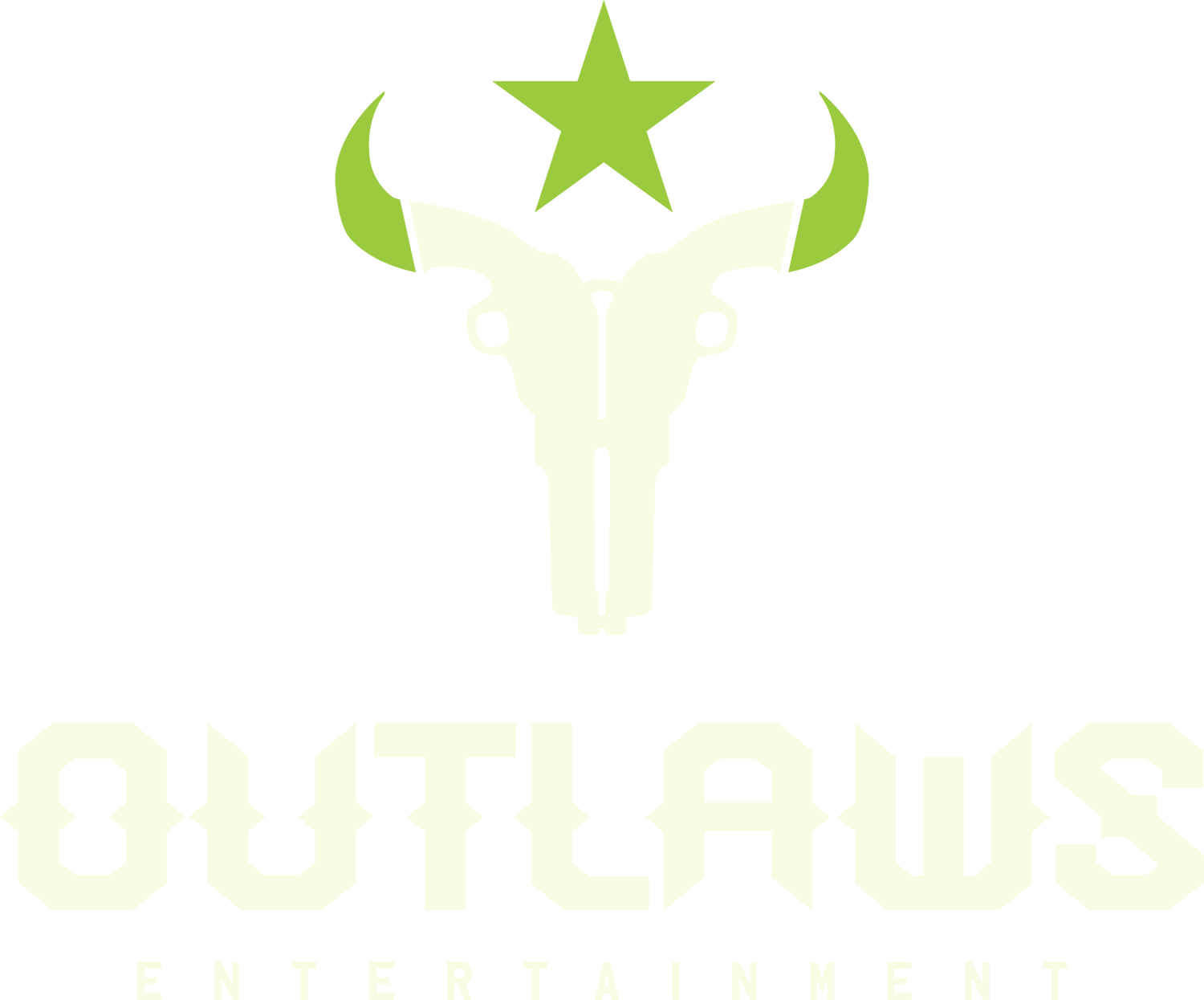 outlaws entertainment logo white cow skull with green star above it